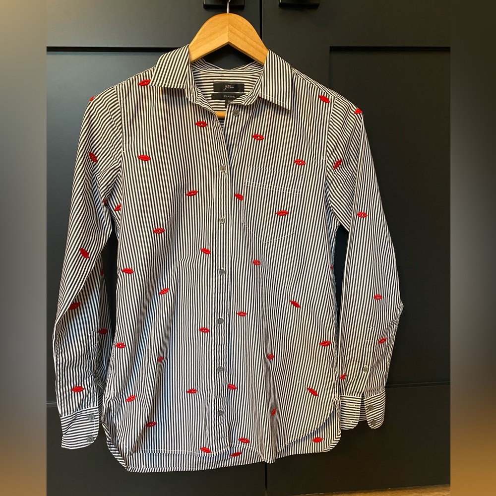 J Crew Stripe Embroidered Lips Blouse Valentine’s Day